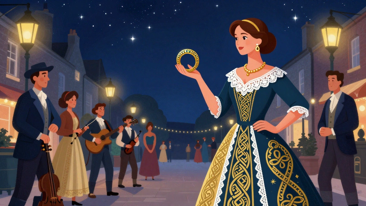 Woman in Celtic gown at Galway Arts Festival under stars