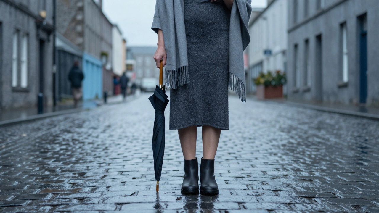 Woman in evening gown with umbrella and shawl on rainy Galway streets