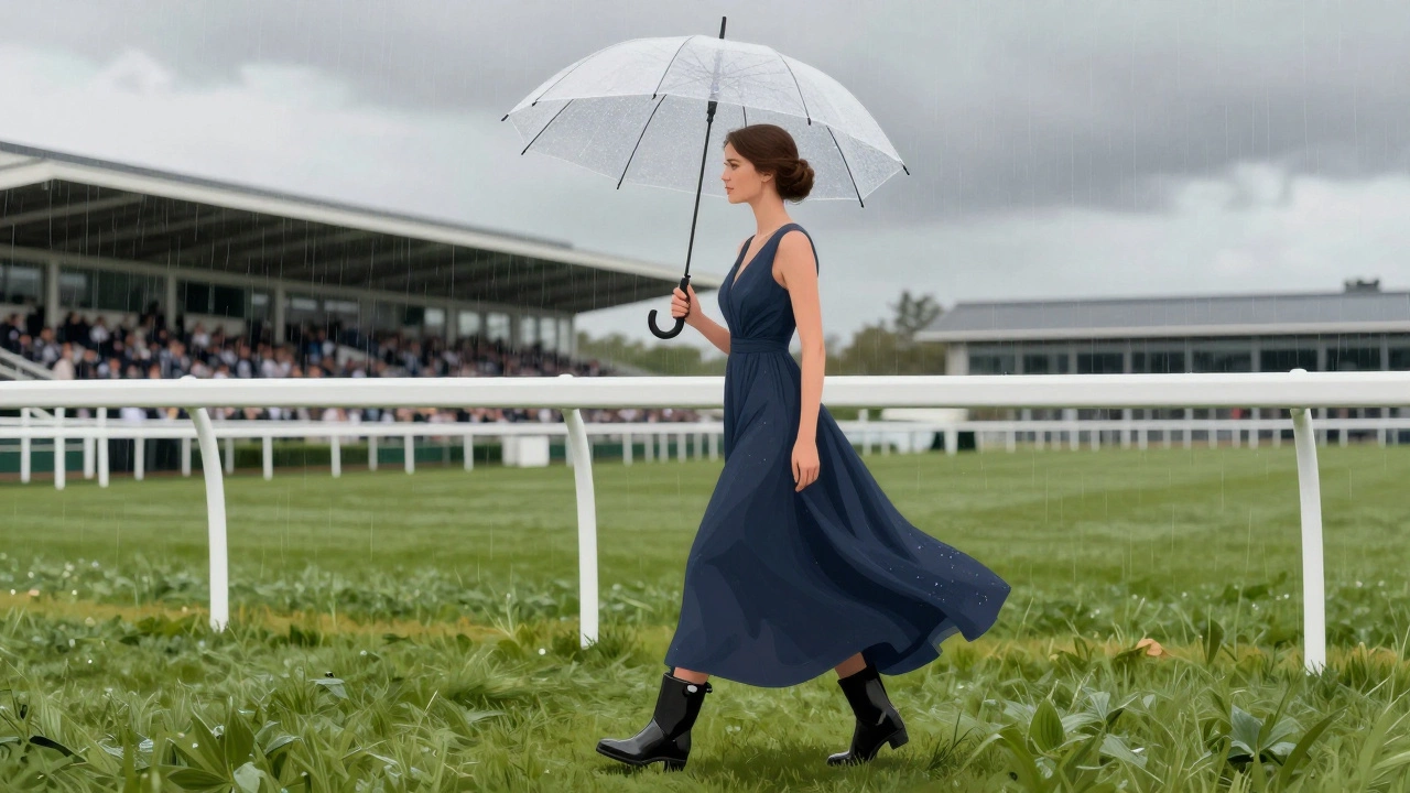 Woman in gown at Galway Races with waterproof boots and umbrella