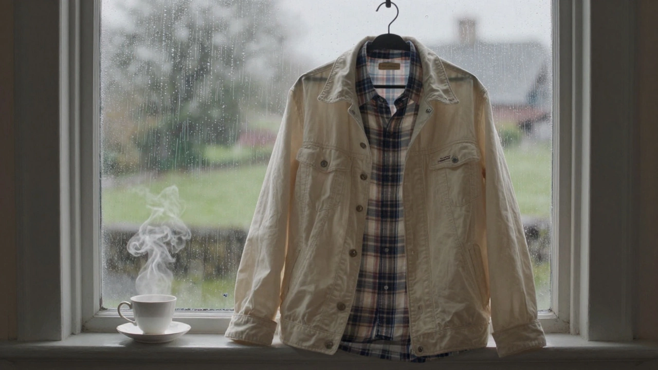 A borrowed jacket hangs on a hook in a cozy Irish cottage, steam rising from a teacup nearby.