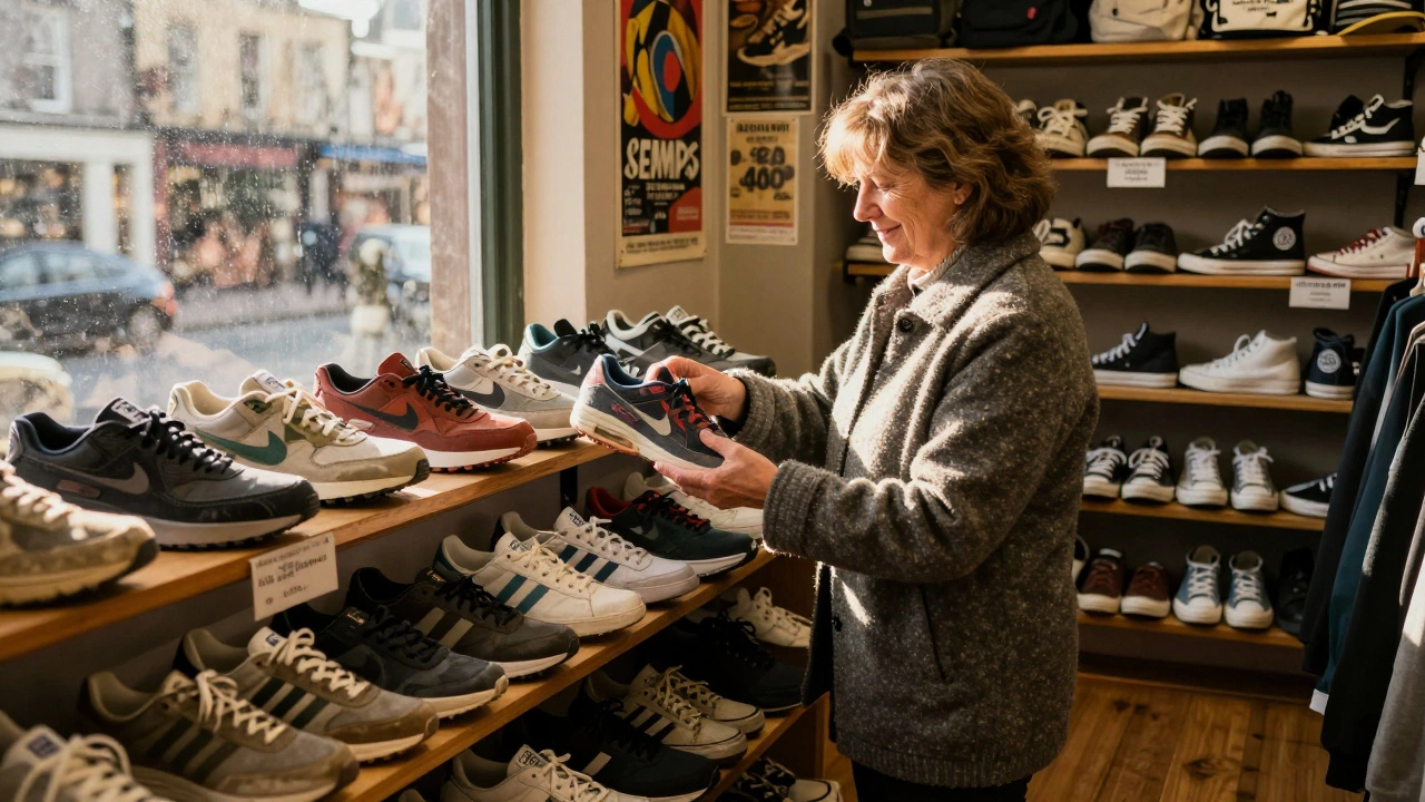 A charity shop in Galway with vintage trainers on display, a woman examining a pair in warm sunlight.