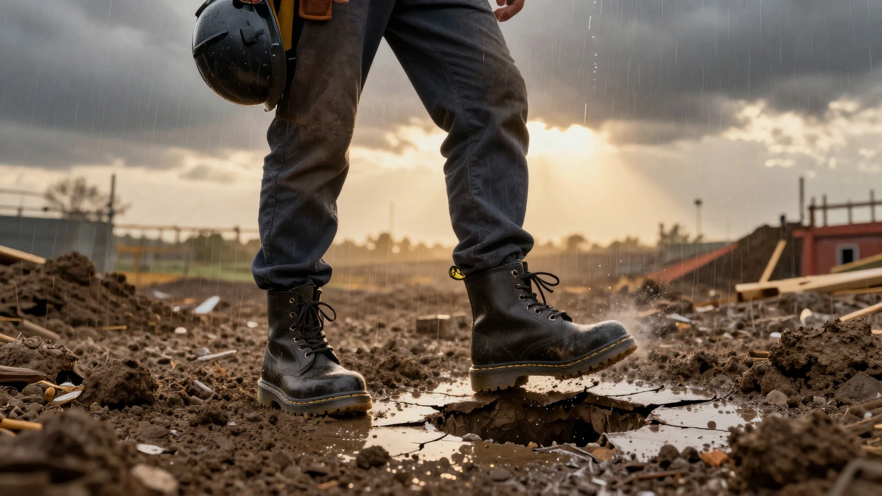 A construction worker standing on a muddy job site wearing durable work boots in rainy Ireland.