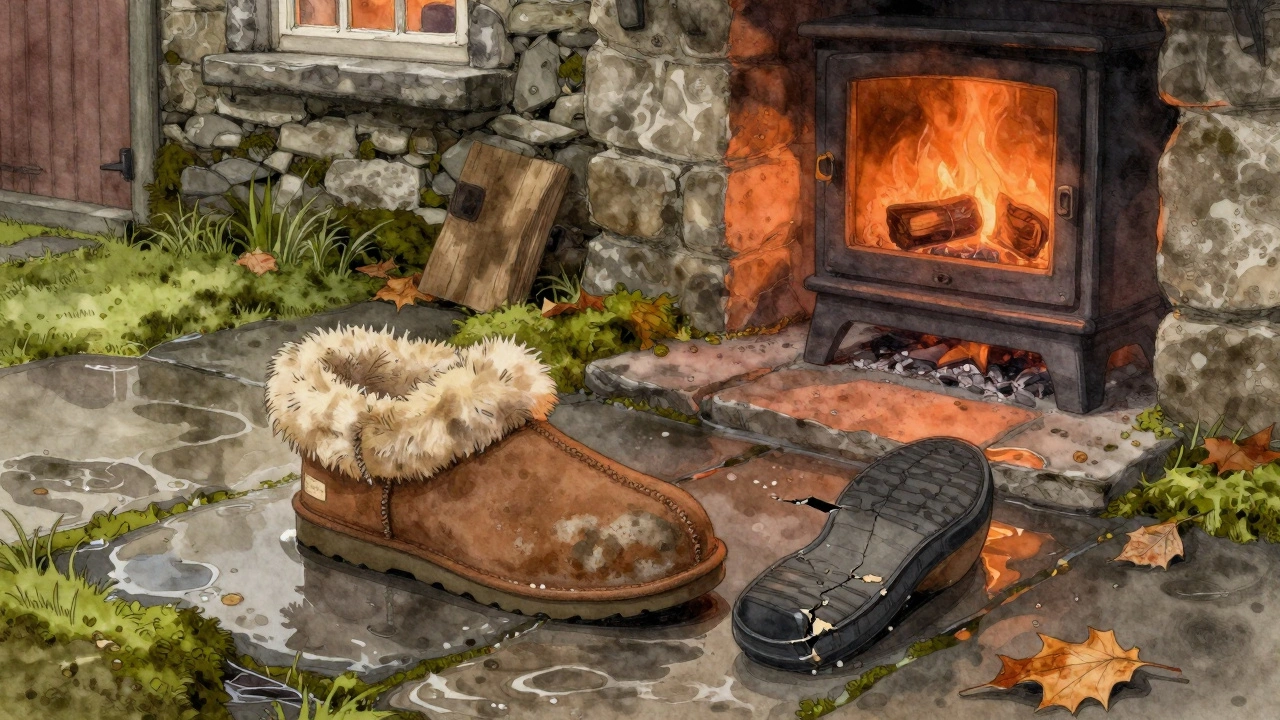 A damaged Ugg slipper on a mossy path near a cottage window, with heat glow hinting at fire risk and water damage visible.