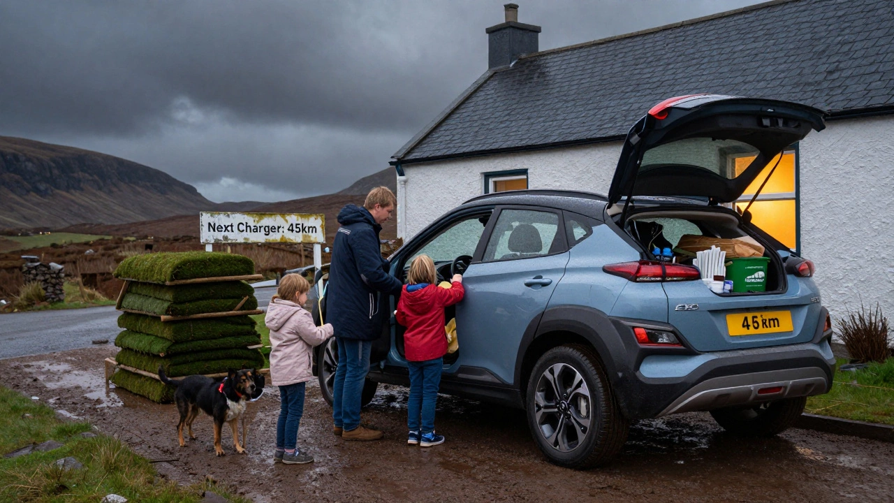 A family loading items into a Hyundai Kona Electric at a Connemara B&amp;B, with a muddy driveway and stormy sky.