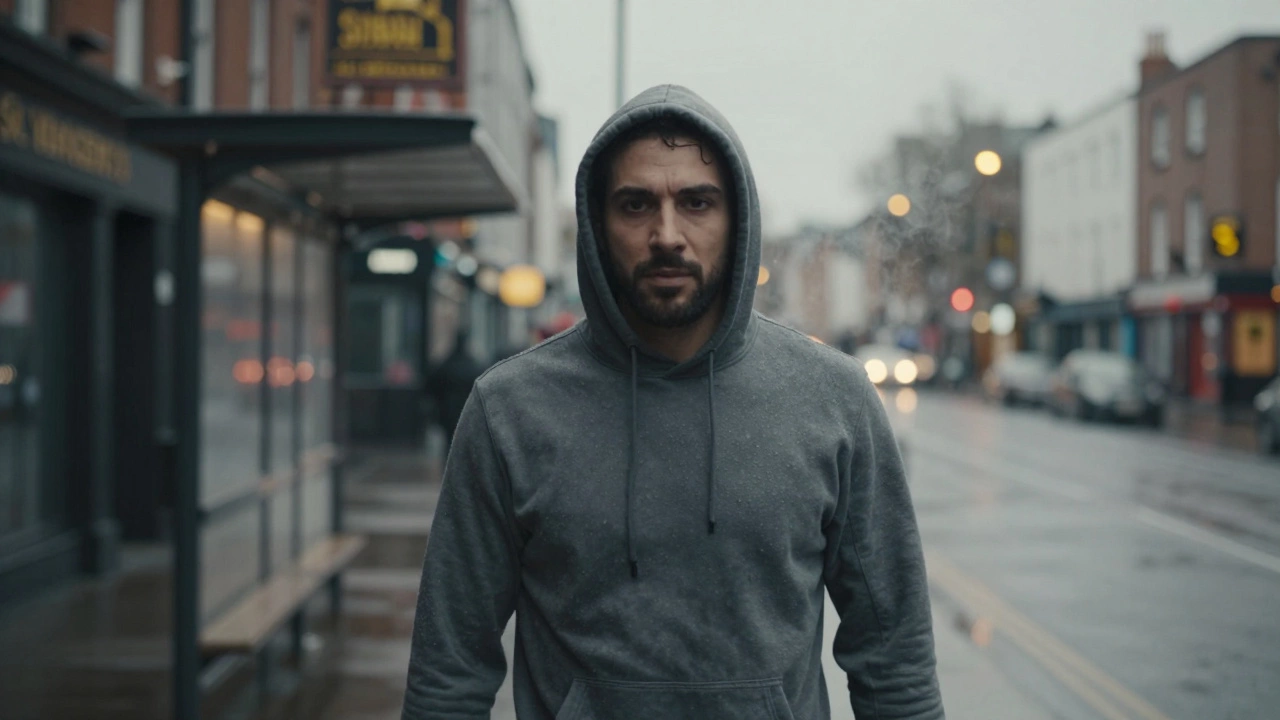 A man exiting a Dublin gym at dusk, still wearing his hoodie, stepping into drizzle under dim streetlights.