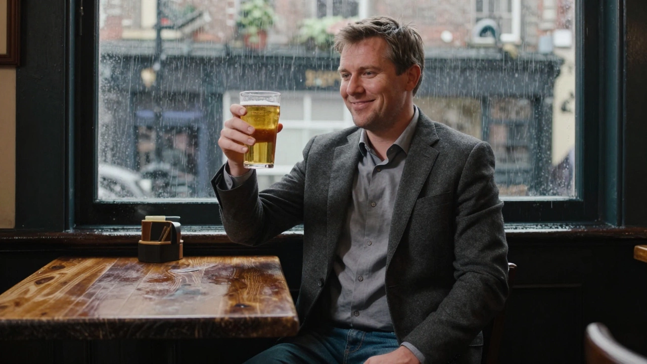 A man wears just his suit jacket with jeans at a Limerick pub, enjoying a pint in casual Irish style.