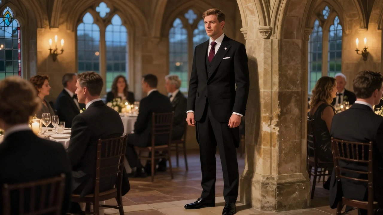 A well-tailored black suit is worn at a formal Irish wedding reception in Adare Manor, lit by warm candlelight.