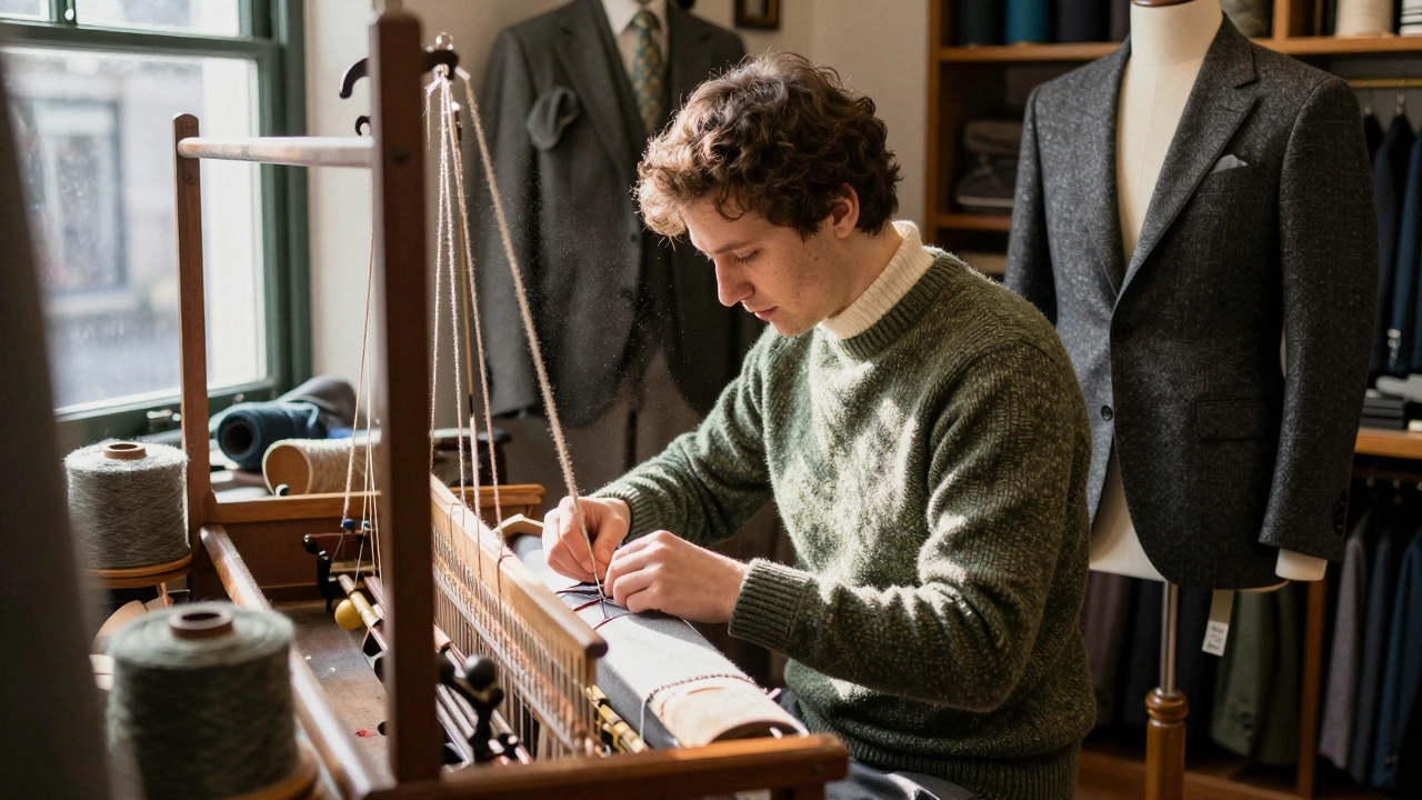 An artisan stitches a Donegal tweed suit in a Galway tailor shop, surrounded by fabric bolts and natural light.