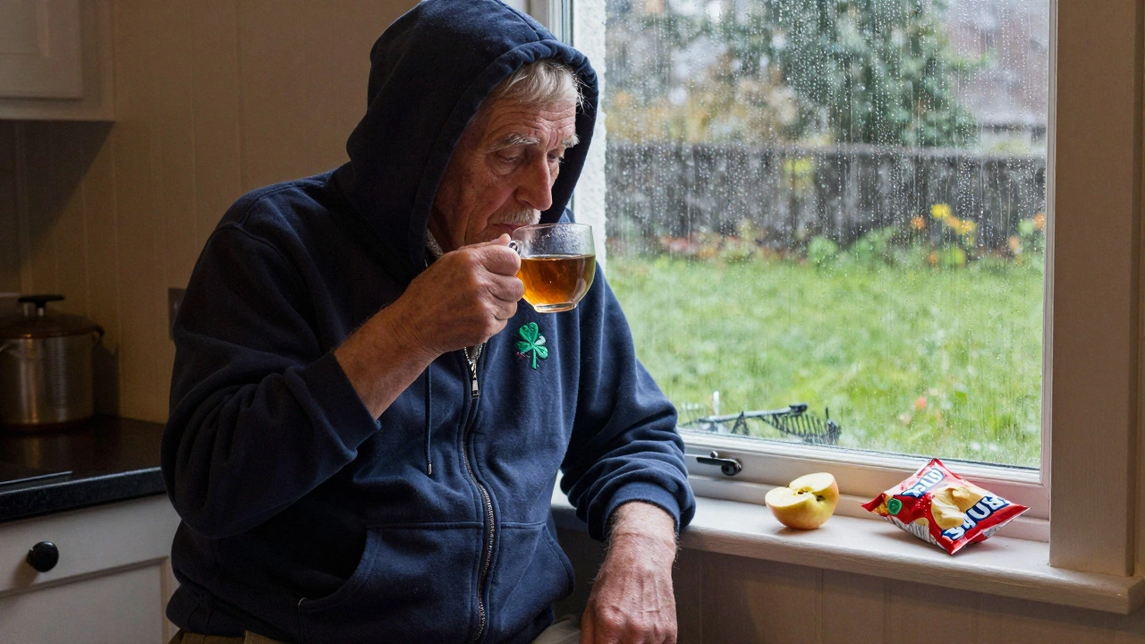 An elderly man in a faded navy hoodie sips tea by a rainy window in a cozy Irish cottage.