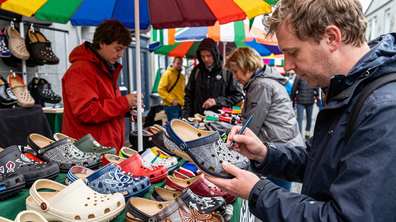 Artisan painting Celtic designs on Crocs at Galway Market, surrounded by custom pairs and Irish flags.