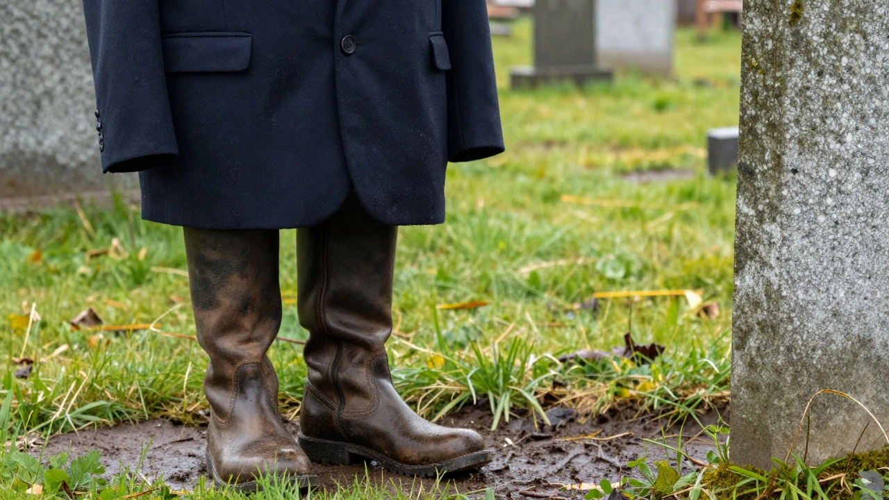Boots standing on muddy grass at an Irish graveside memorial.