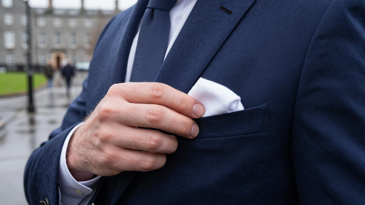 Close-up of a hand placing a cotton pocket square into a navy suit pocket, Dublin backdrop blurred.