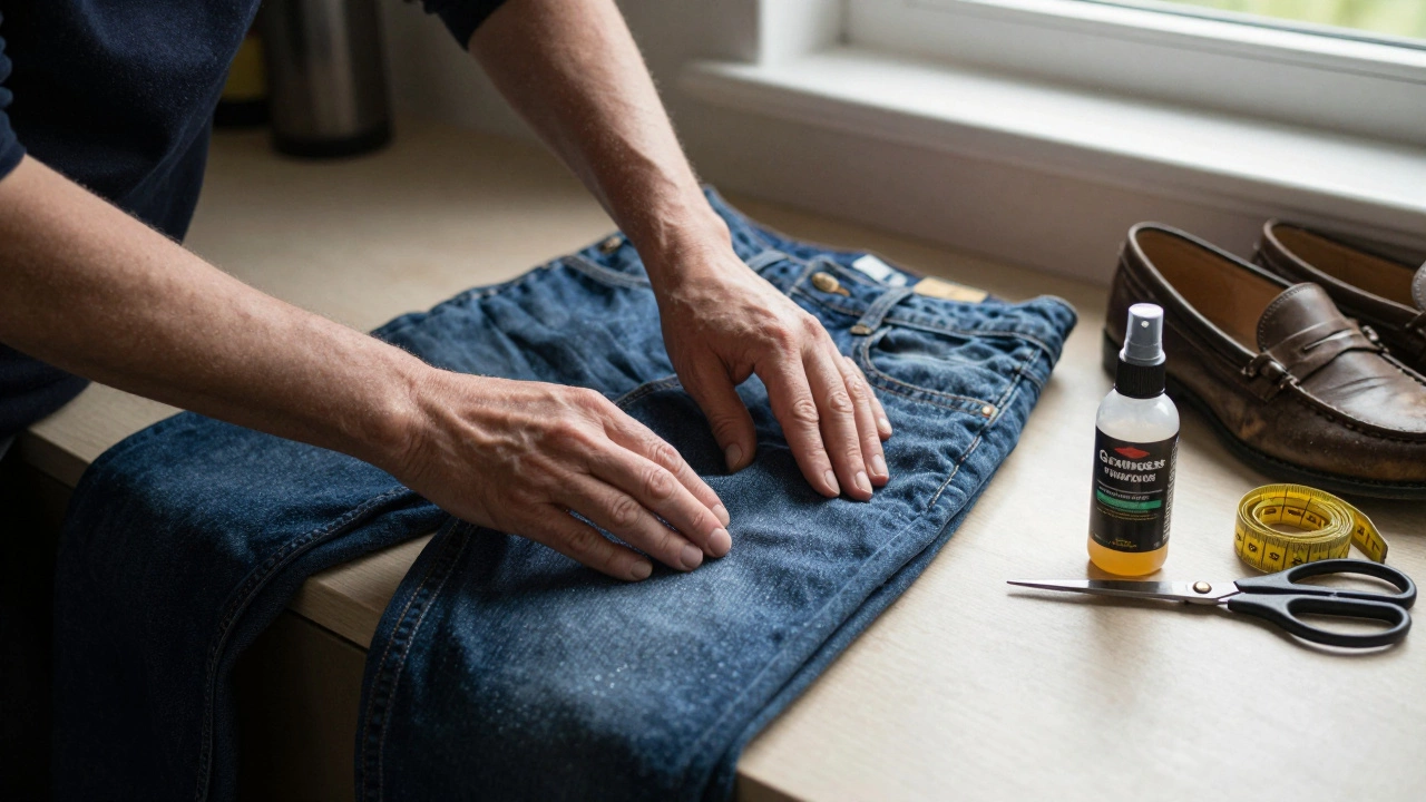 Close-up of hands smoothing stretch denim jeans with a fabric waterproofing spray on a kitchen table.