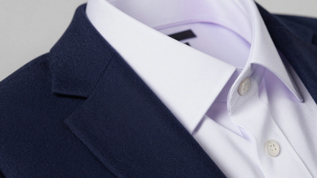 Close-up of navy suit paired with white and lavender shirt collars showcasing texture.
