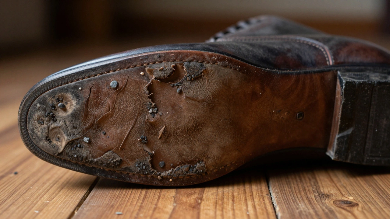 Close-up view of a worn shoe sole showing thinning leather and damage.