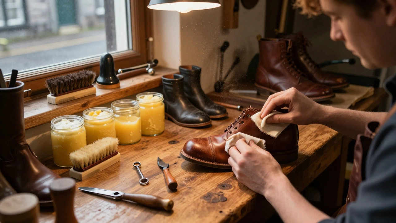 Cobbler applying beeswax conditioner to a leather shoe in workshop.