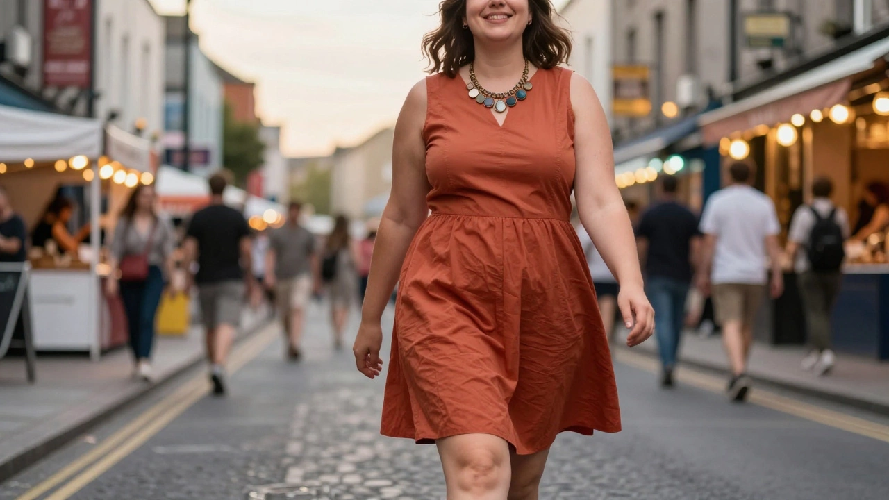 Confident woman in terracotta a-line dress at summer festival.
