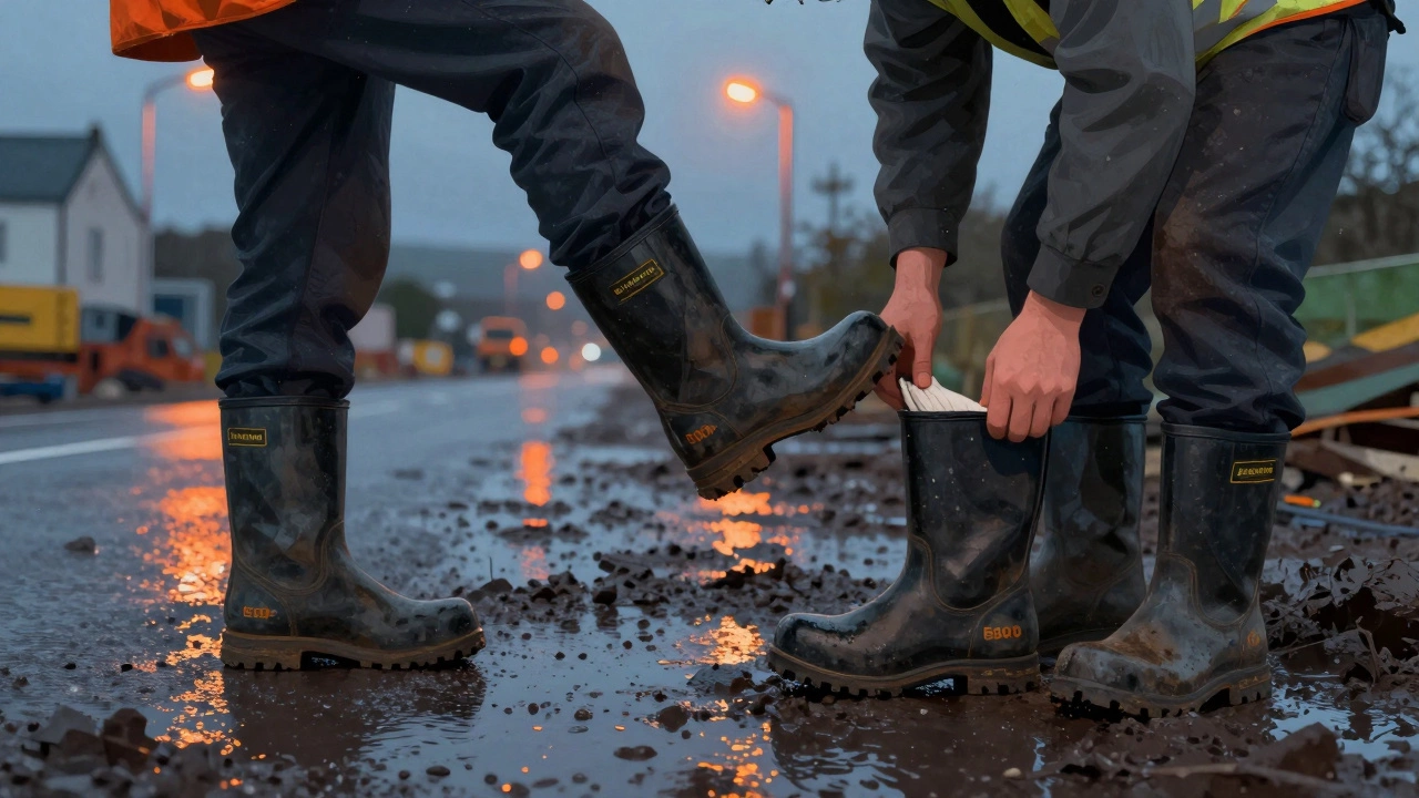 Construction workers in Blundstone boots on a muddy Irish worksite at dusk, rain falling around them.