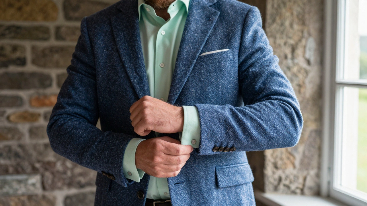 Gentleman adjusting shirt cuff inside tweed jacket against stone wall.