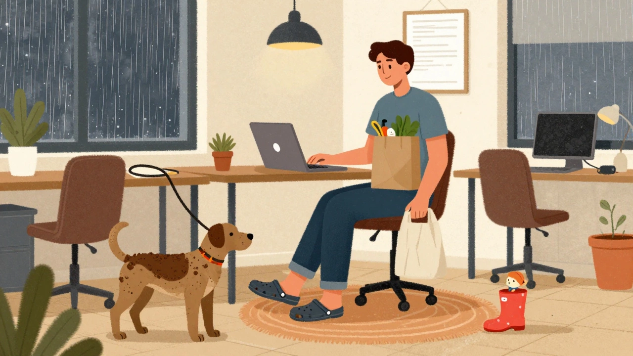 Hybrid worker in Limerick with Crocs beside grocery bag and muddy dog leash, indoors with rain outside.