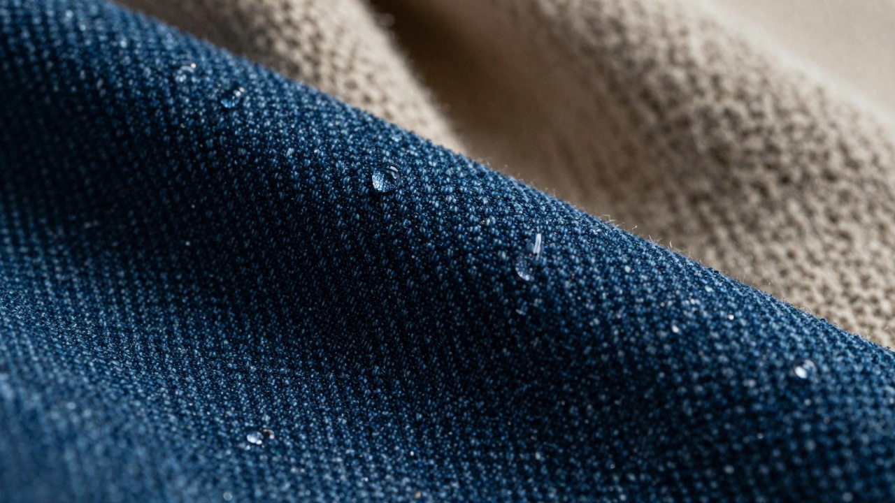 Macro view of denim fabric with raindrops and wool underneath.