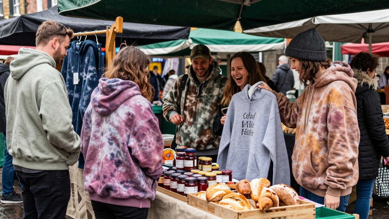 People browse hand-dyed boyfriend hoodies at Cork’s English Market, with wool-lined hoods and embroidered text.