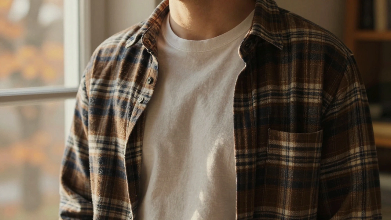 Person layering a T-shirt under a flannel shirt indoors.