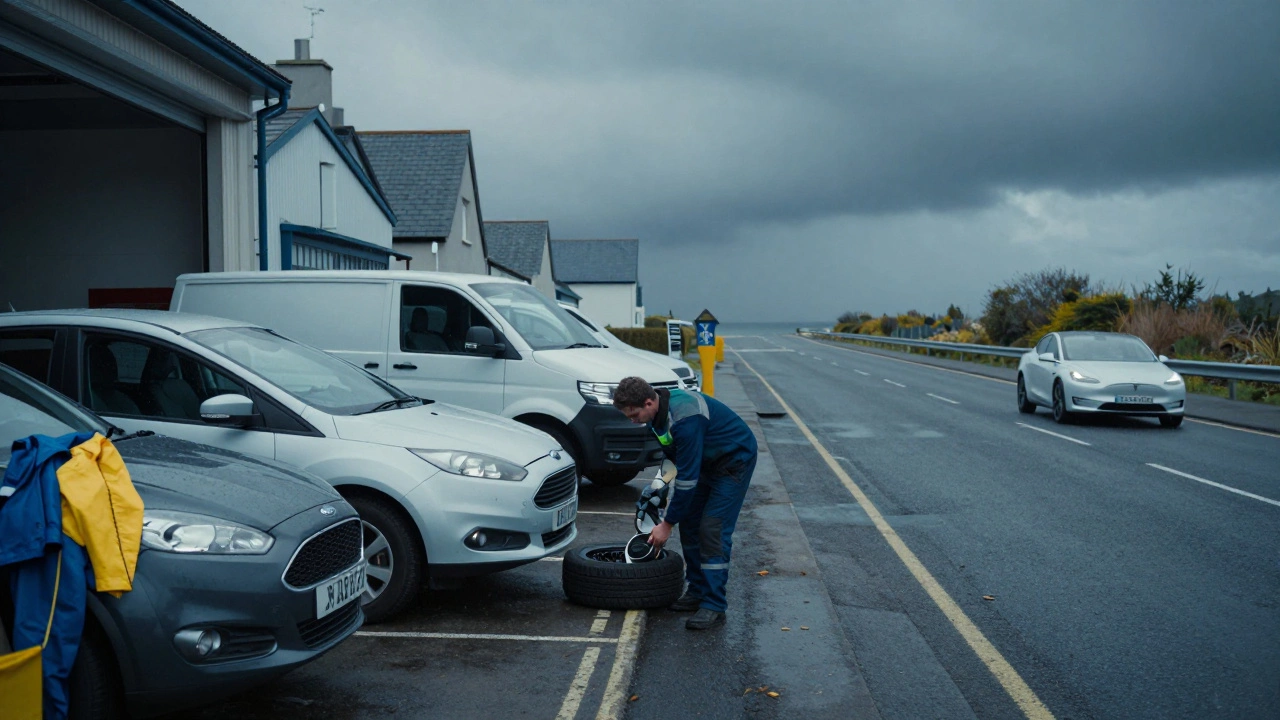 Practical Irish cars parked outside a local garage in Tralee, with a Tesla visible far away on a distant highway.
