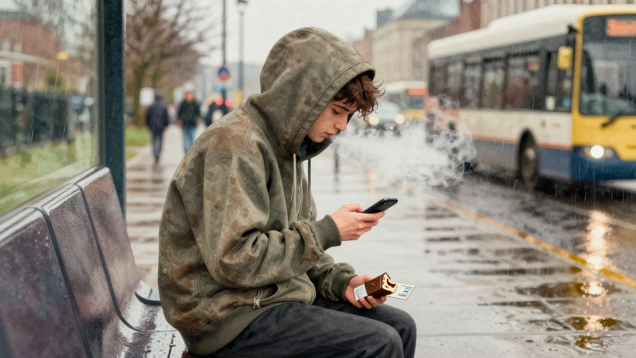 Student on a wet bus bench in Belfast with hoodie pockets full of items, breath visible in cold air.