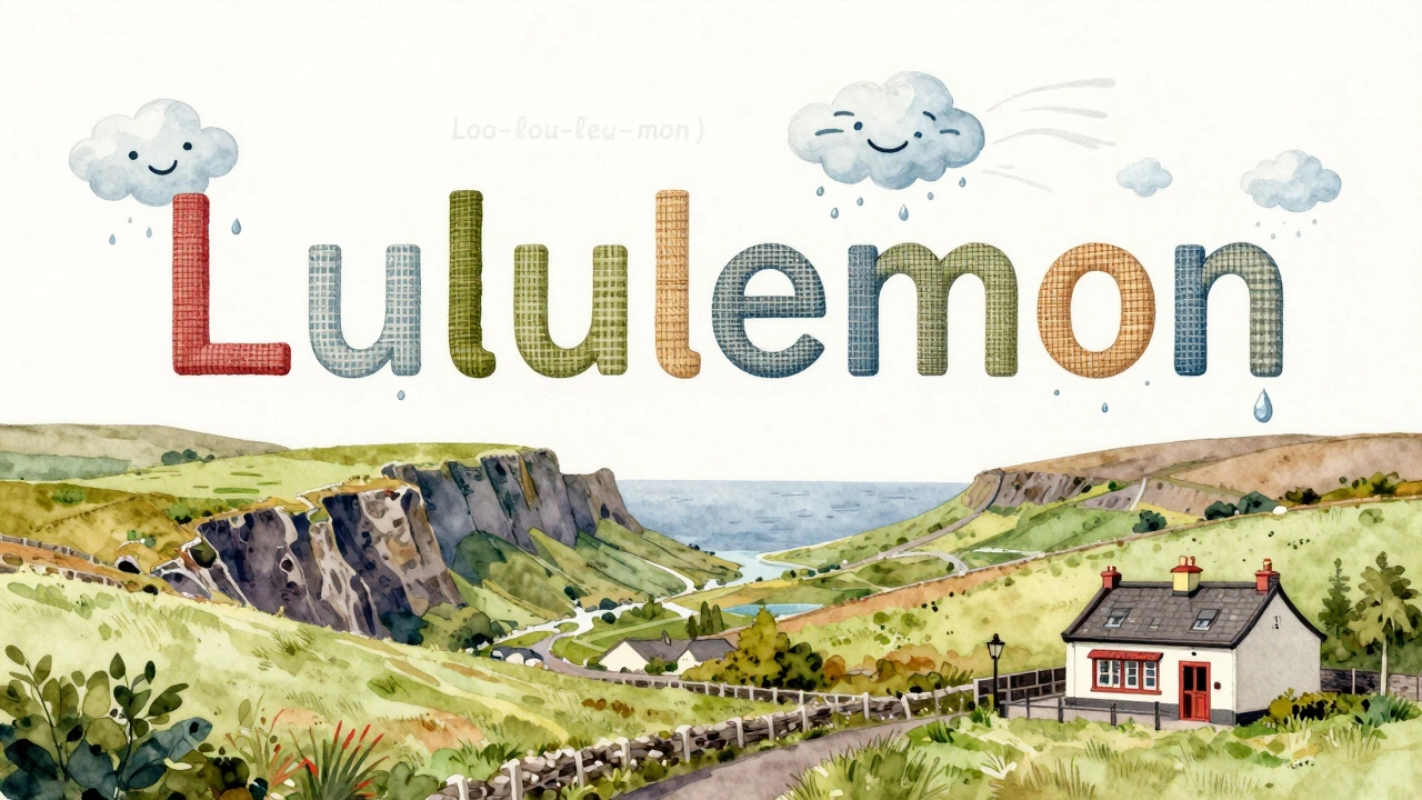 The word 'Lululemon' shaped from fabric and natural elements, floating above an Irish landscape of hills, cliffs, and pubs.
