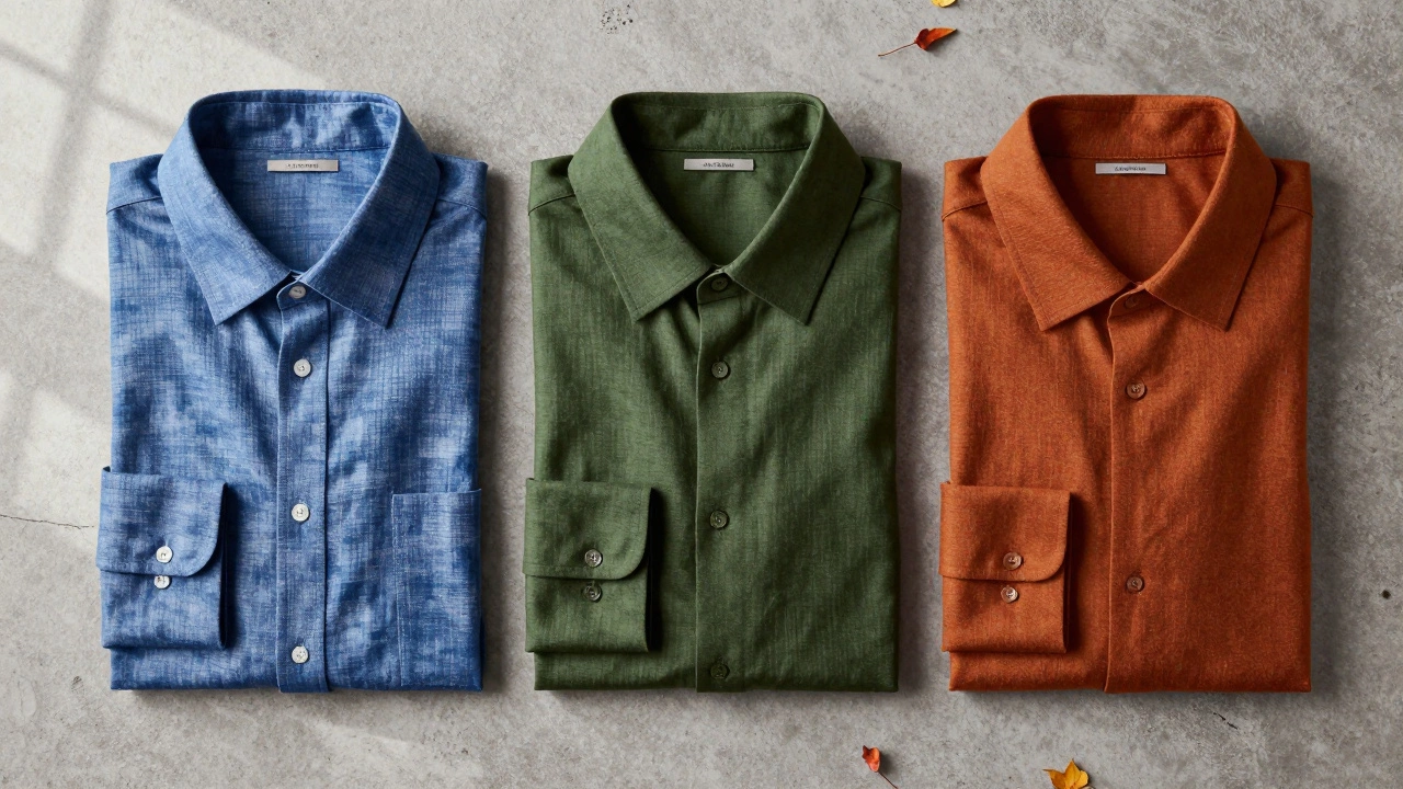 Three colored shirts in blue green orange flat lay display