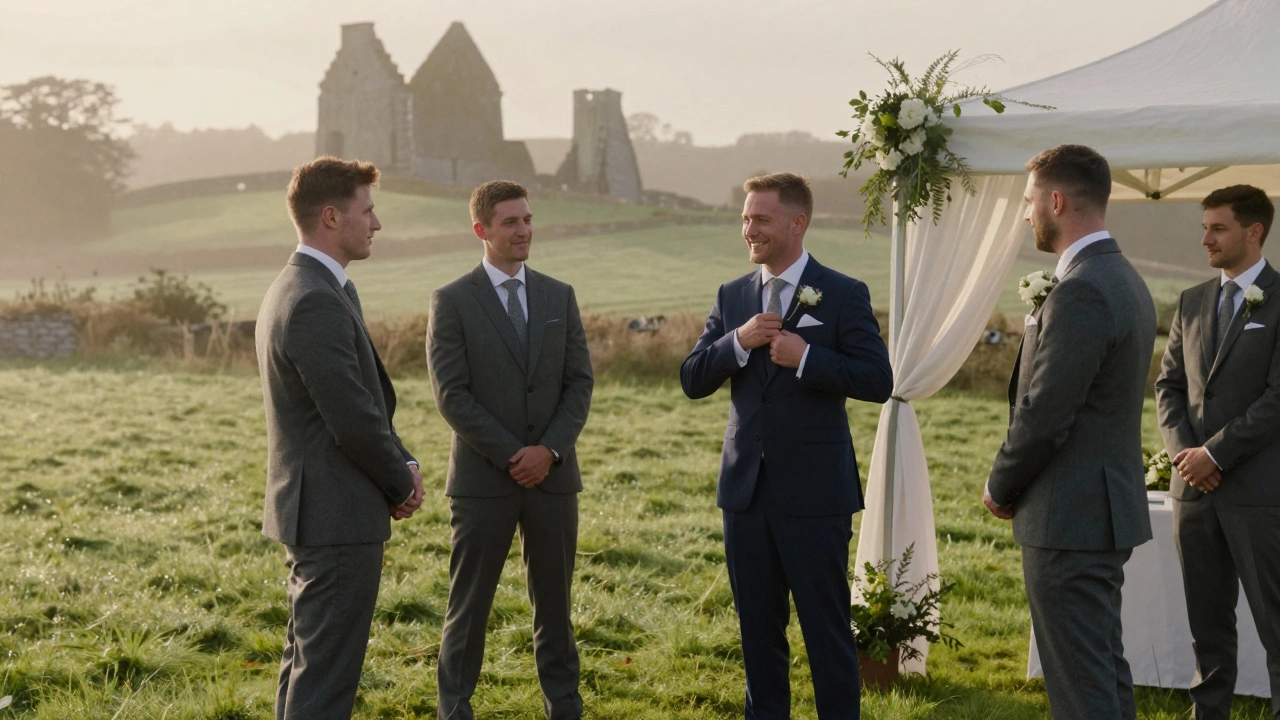 Three groomsmen in charcoal and navy suits at an Irish wedding in a misty field with stone ruins.