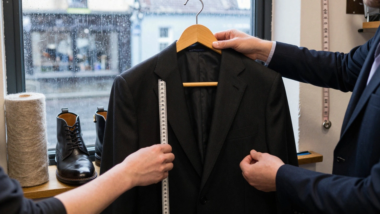 Three hands carefully prepare a black suit in a Galway tailor shop, surrounded by Irish wool and traditional tools.