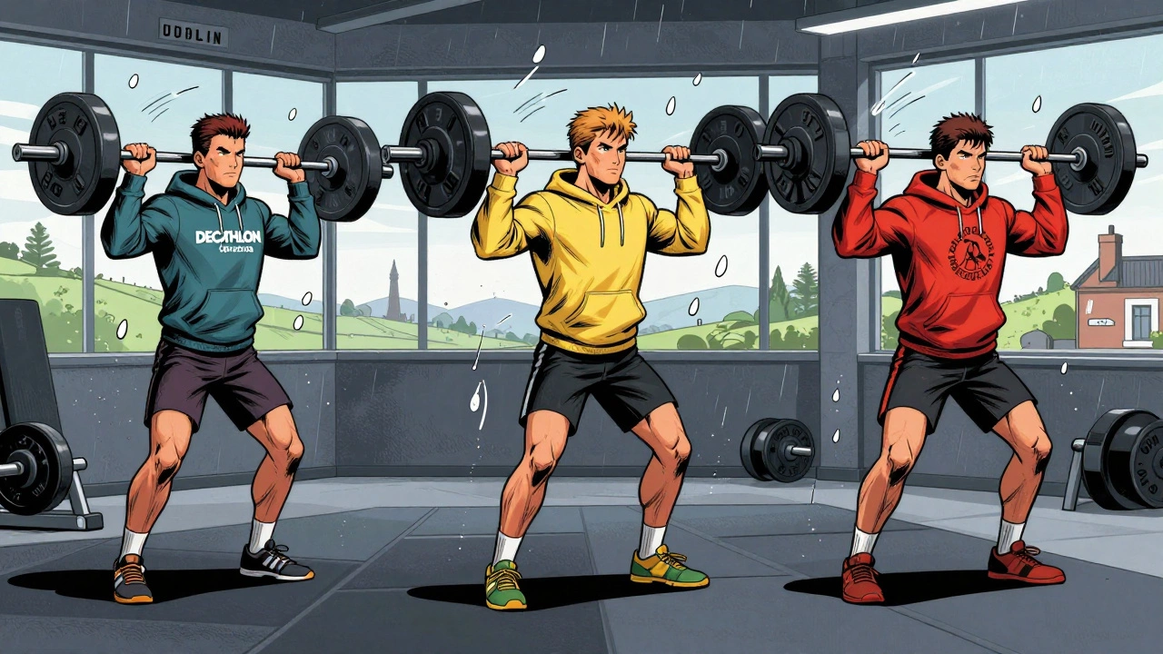 Three Irish gym-goers in different cities lifting weights while hoodies and wind swirl around them in comic book style.