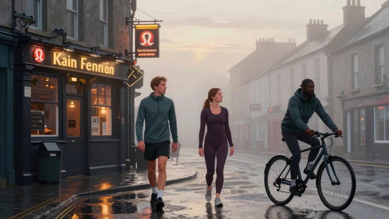 Three Irish individuals in Lululemon activewear walking through a misty Galway street at dawn, passing a traditional pub.