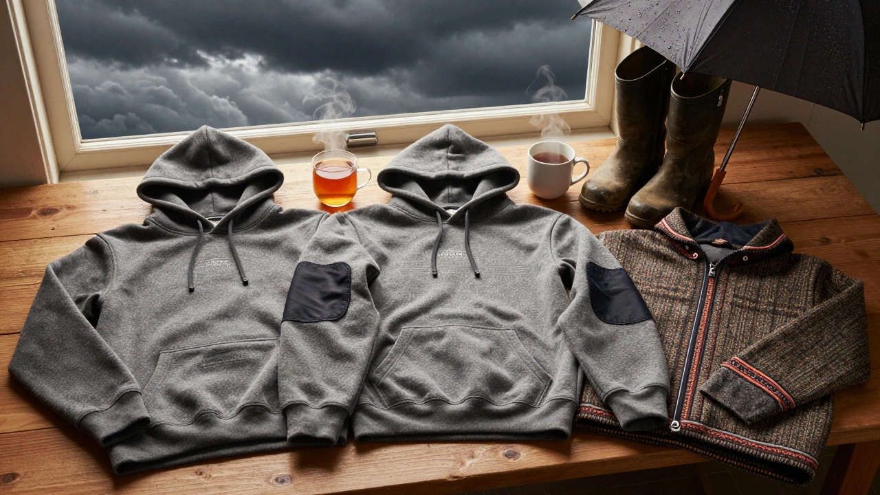 Three Irish-made hoodies laid out with tea and muddy boots, showcasing design details for cold weather.
