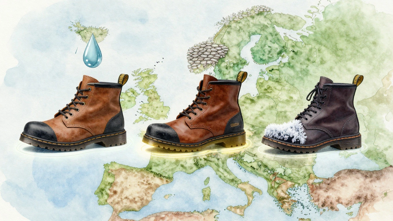 Three Irish-recommended work shoes floating above a misty Irish landscape with symbolic weather and terrain elements.