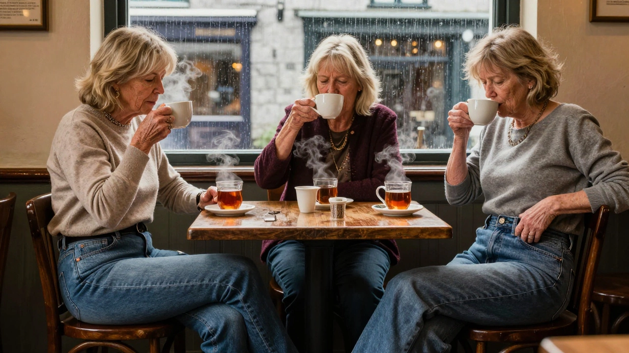 Three older Irish women in different styles of jeans enjoying tea together in a cozy countryside café.