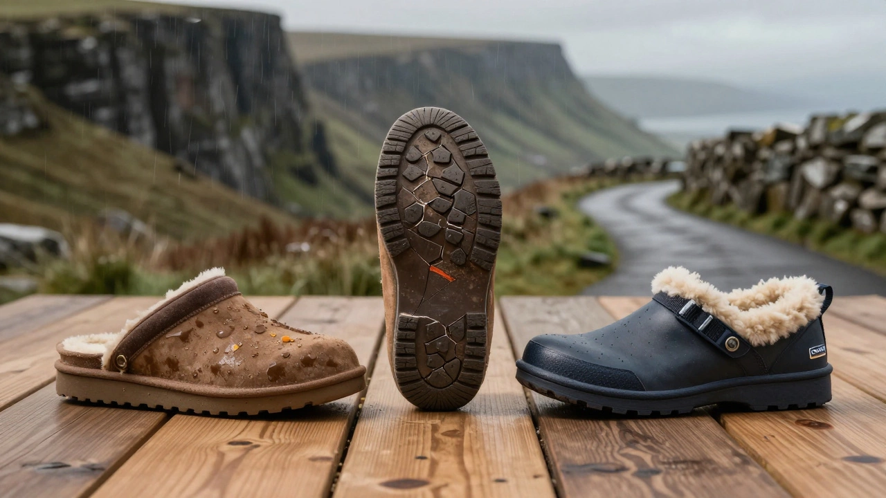 Three pairs of slippers compared: a ruined Ugg, its detached sole, and a durable Irish-appropriate alternative on wooden floor.