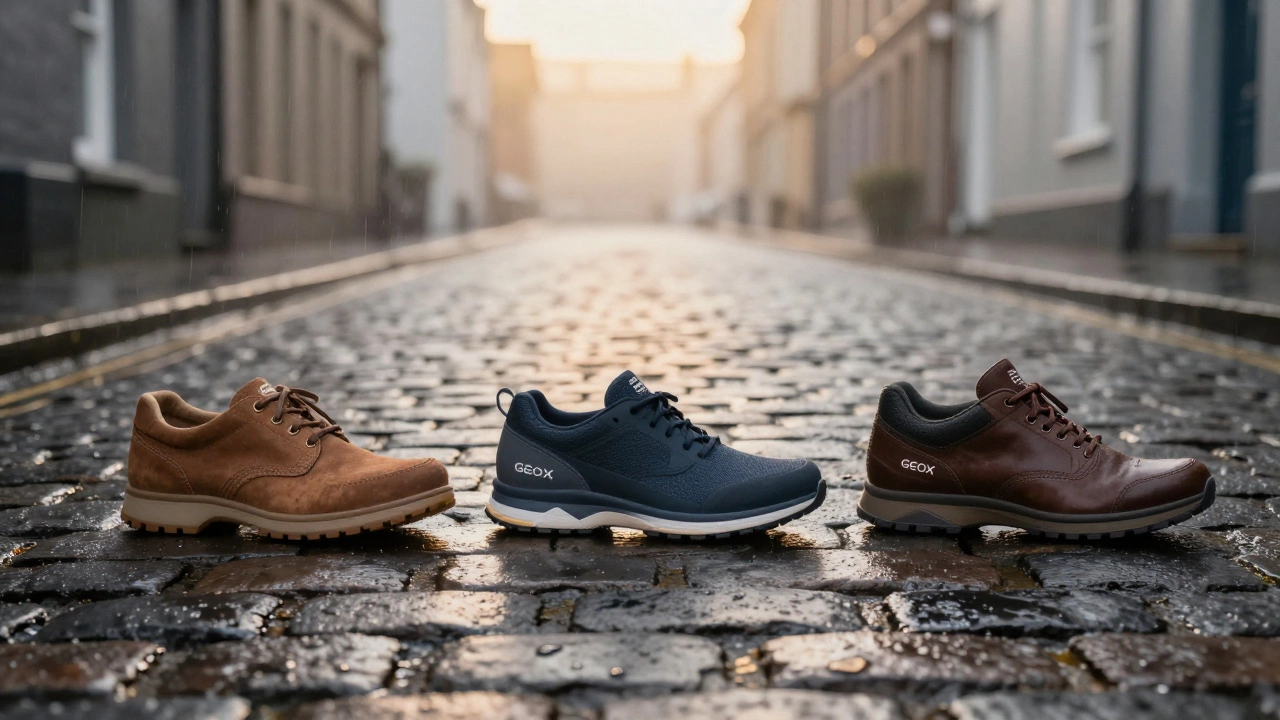 Three types of work shoes on damp cobblestones, surrounded by symbols of rain and mist in soft dawn light.