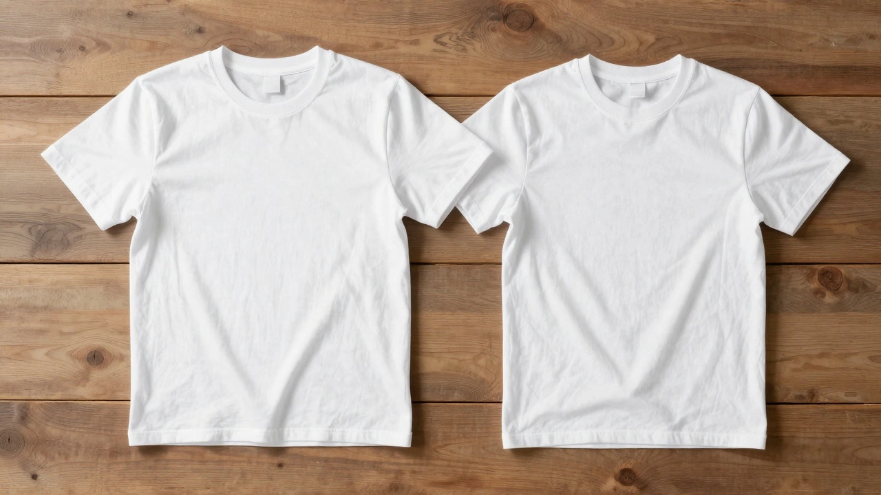 Two white T-shirts laid flat showing different sizes on wood.