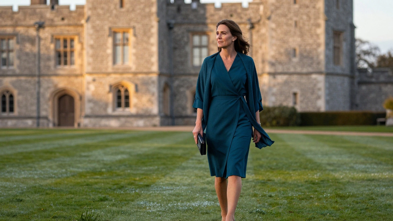 Woman in a teal wrap dress and linen shawl approaching Ashford Castle at dusk, dew on the grass.