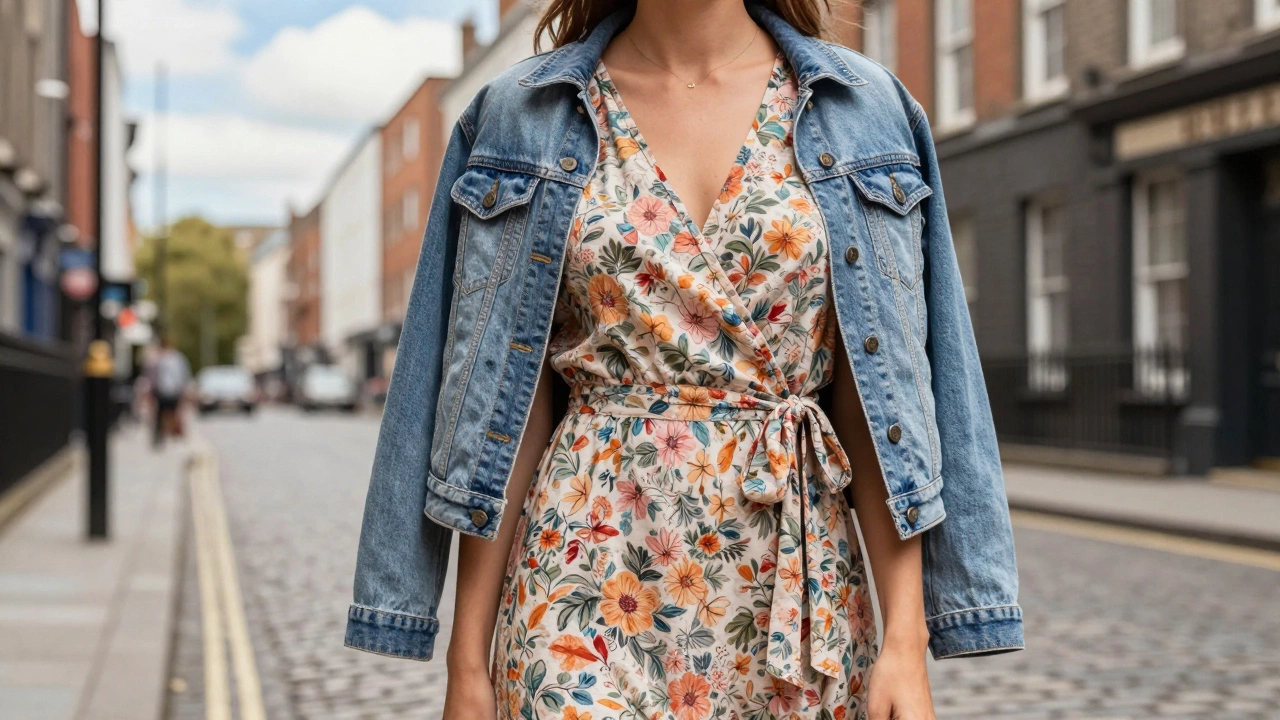Woman wearing wrap dress and denim jacket on city street.