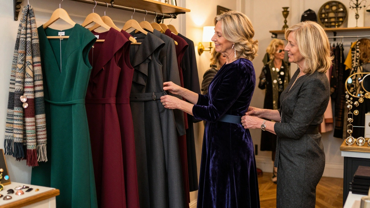 Women over 60 trying on elegant knee-length evening dresses in a cozy Irish boutique.