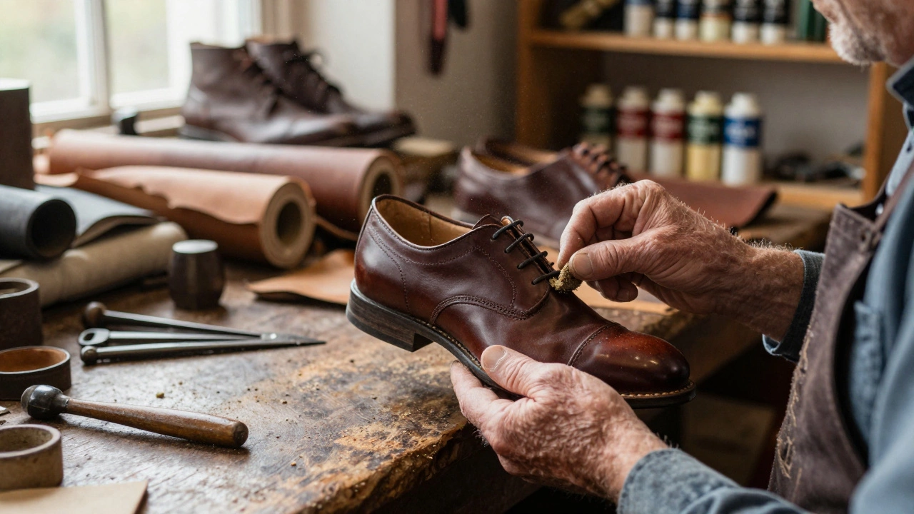 A cobbler's hands repairing a leather shoe in a traditional workshop
