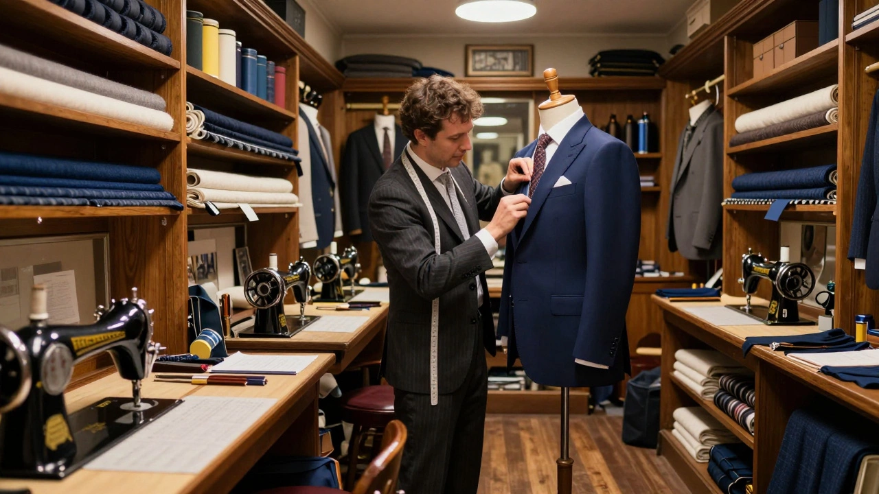 A master tailor hand-stitching a bespoke navy suit in a traditional workshop.
