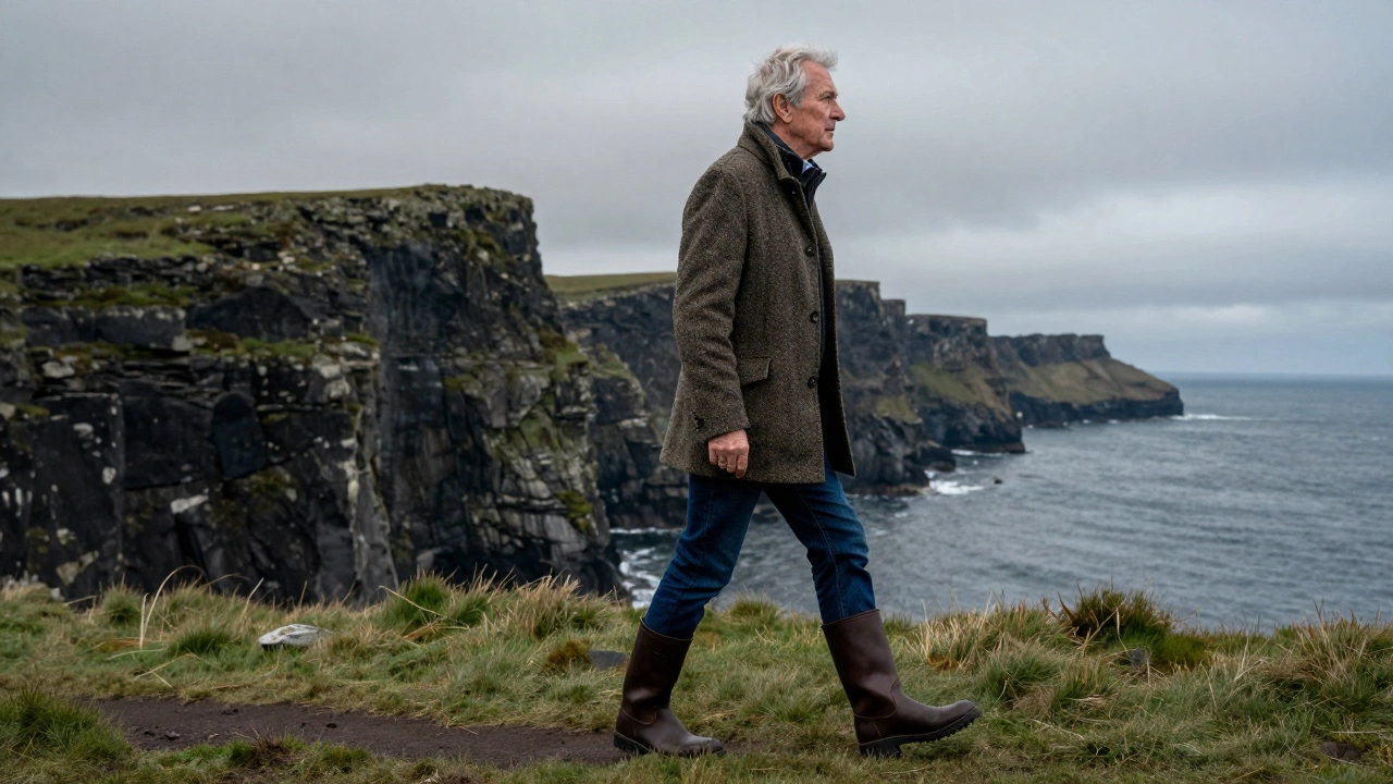 A mature man in a tweed jacket and blue jeans walking by the Irish coast