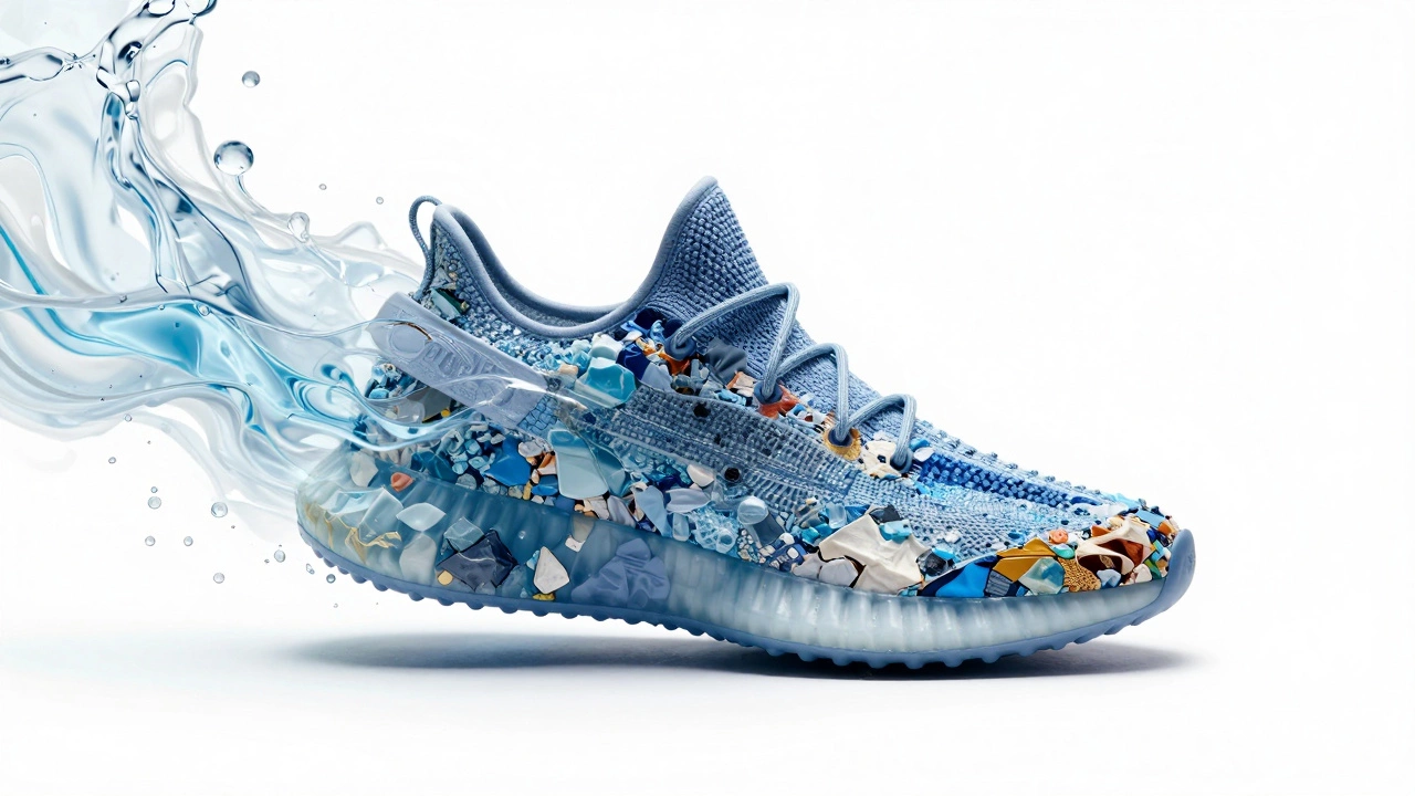 A sustainable sneaker emerging from recycled ocean plastic and blue water