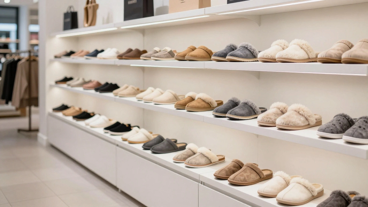 A variety of new slippers neatly displayed on shelves in a quiet Irish department store