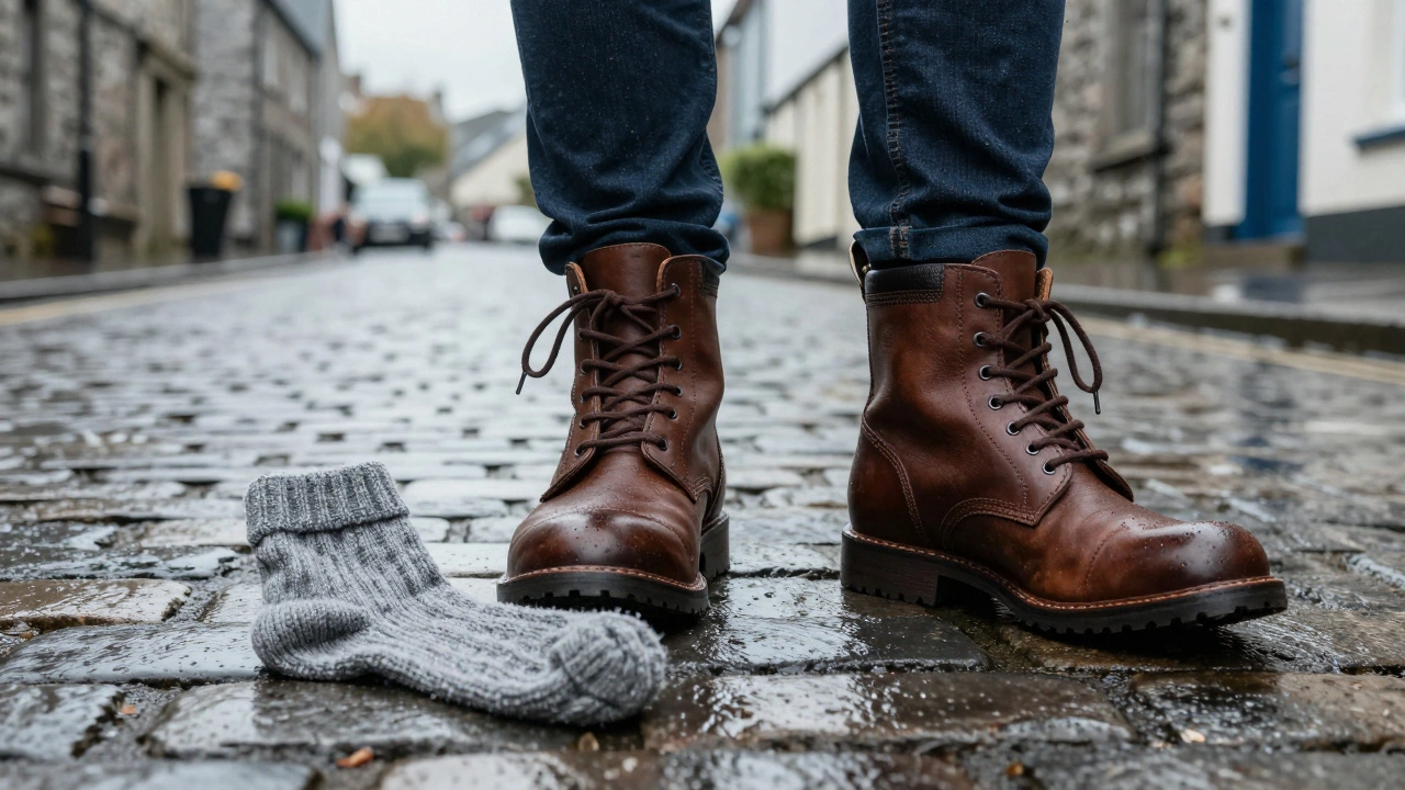 Brown leather boots and thick wool socks on a wet cobblestone street in Ireland.